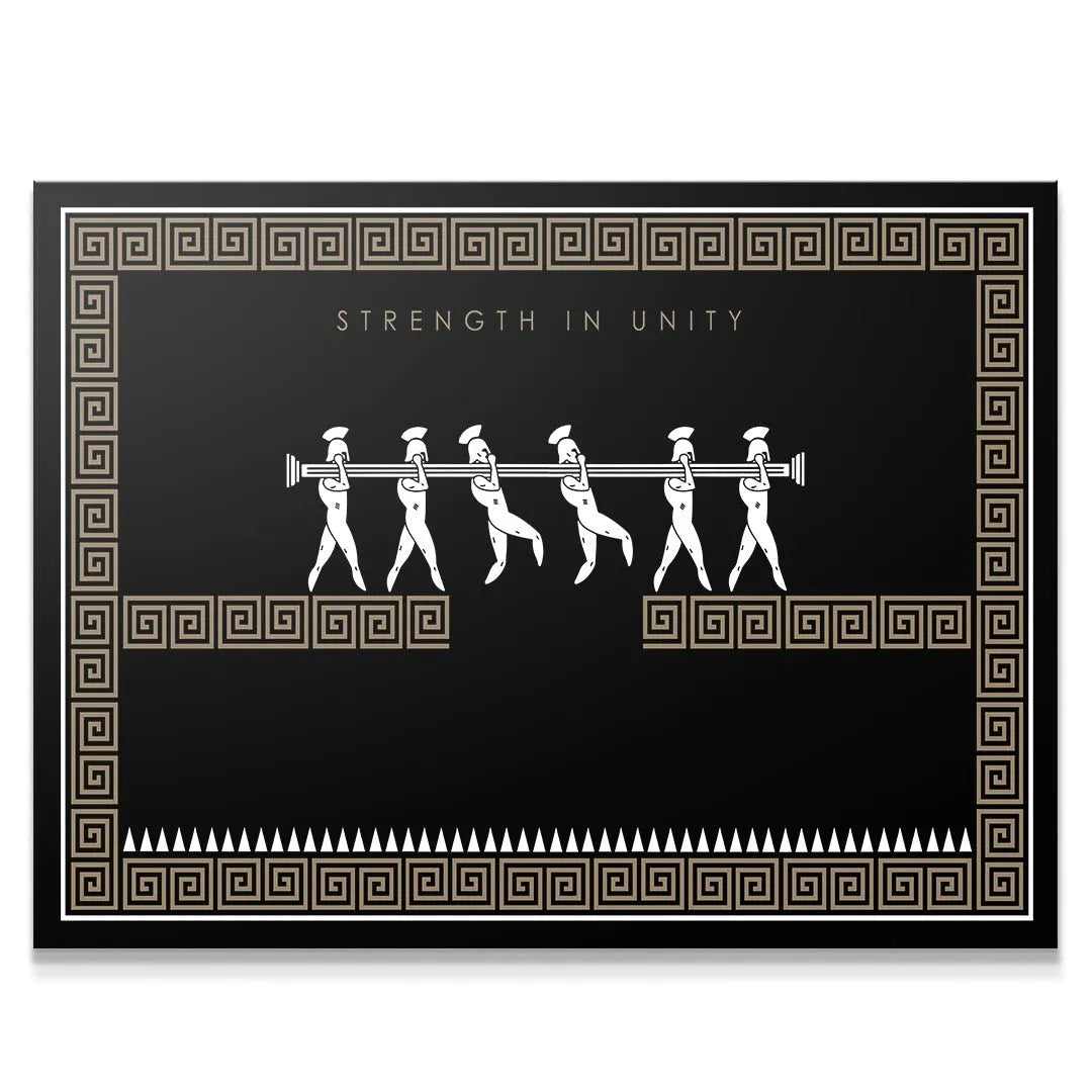 Full rectangular view of the Strength In Unity - Empire Series art print, featuring white figures on a black background framed by a gold Greek key border.