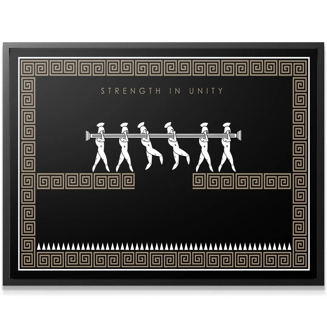 Close-up detail of the five stylized figures carrying the burden in the Strength In Unity - Empire Series, emphasizing their synchronized movement.