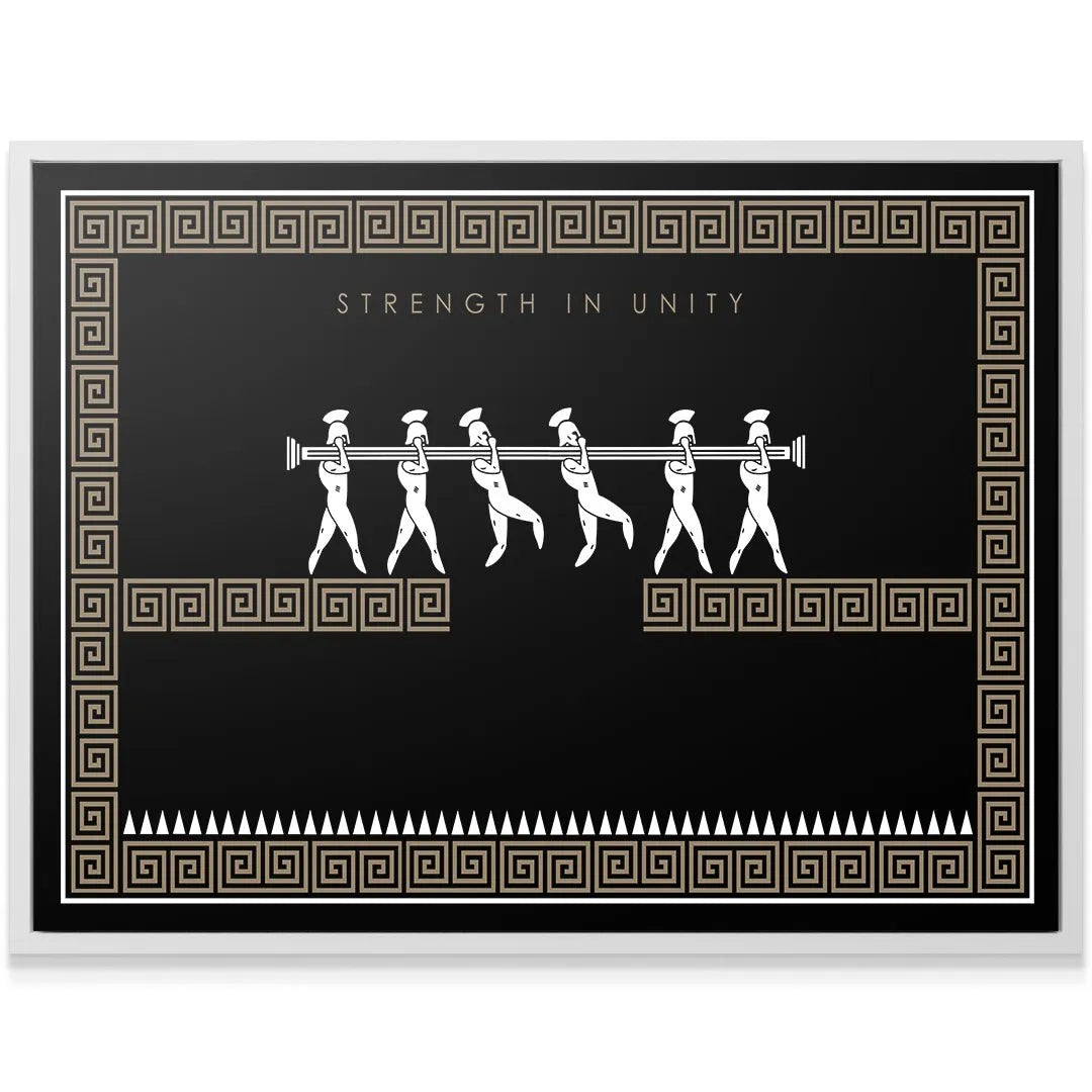 Corner shot showing the intricate Meander pattern border surrounding the central image of the Strength In Unity - Empire Series.
