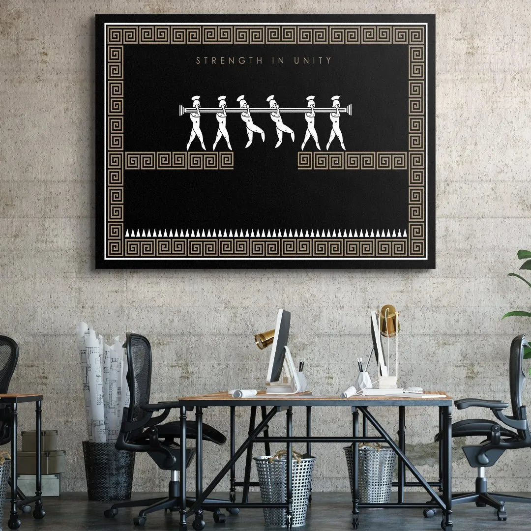Side angle view of the finished Strength In Unity - Empire Series art piece displayed in a contemporary office setting.