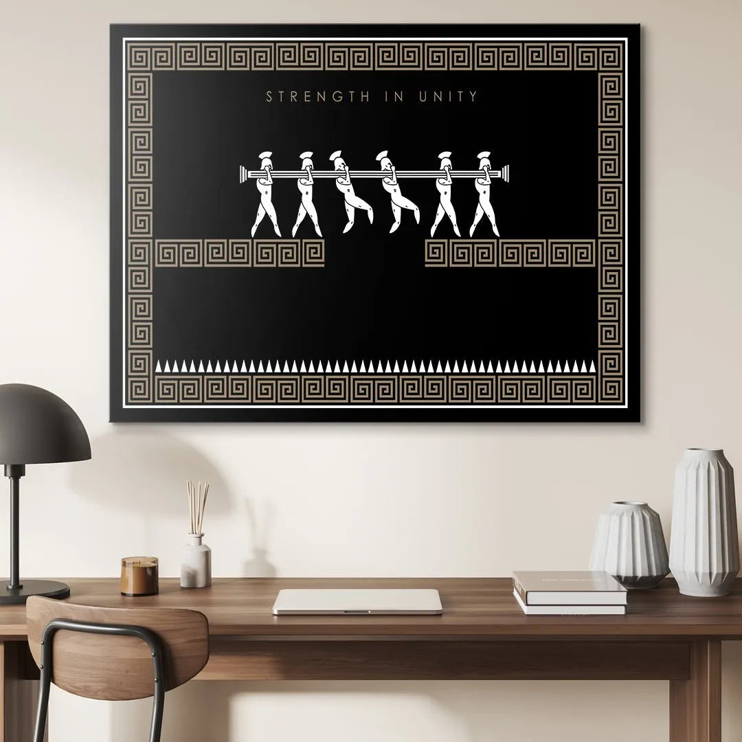 Lifestyle photo of the framed Strength In Unity - Empire Series hanging above a wooden executive desk, illustrating scale and impact.