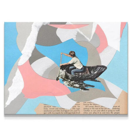 Close-up detail of the rowing figure navigating abstract waves in the 'Strides' collage.