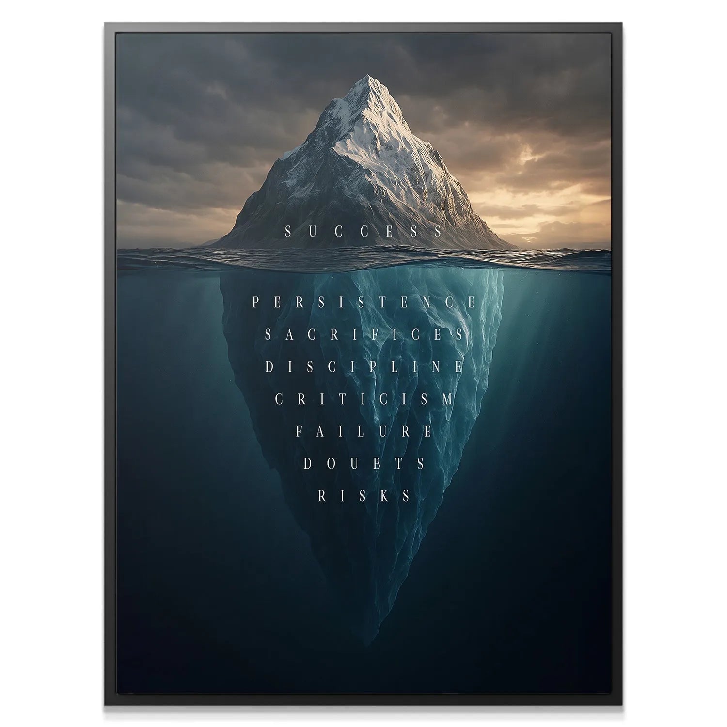 Dramatic, wide-angle shot of the 'Success Iceberg' canvas under a moody, stormy sky background.