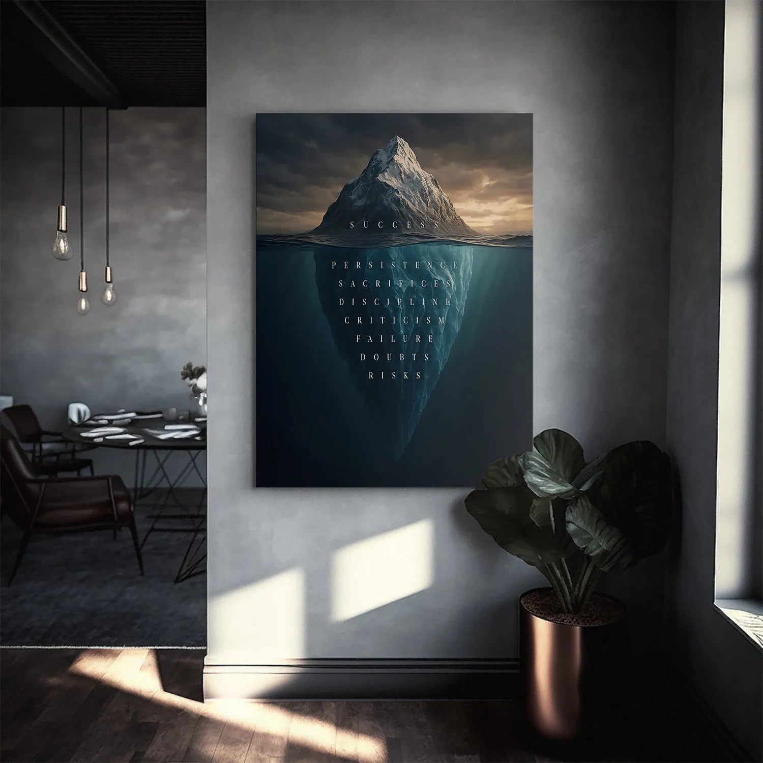 Textural view of the snowy peak on the 'Success Iceberg' motivational print contrasting with the dark sea.