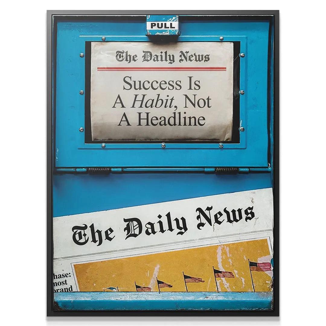 Detailed close-up of the headline text emphasizing 'Success Is A Habit, Not A Headline' on the crinkled newspaper texture.