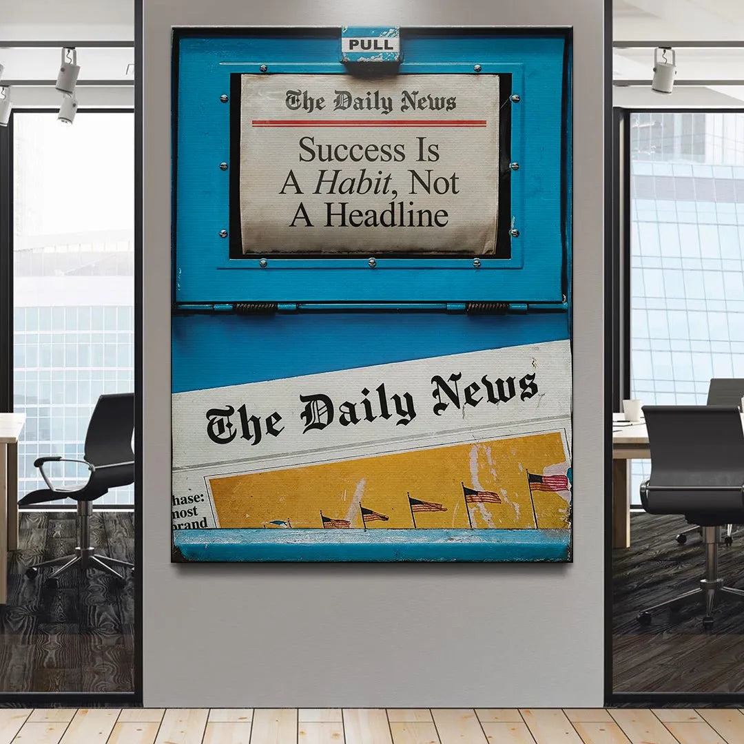 Lower section view showing American flags printed on the newspapers below the main 'Success Is A Habit' quote.