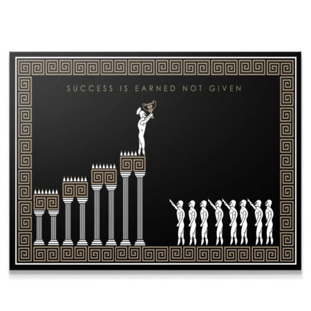 Minimalist black and white lifestyle shot of the 'Success Is Earned - Empire Series' print hanging in a modern office environment.