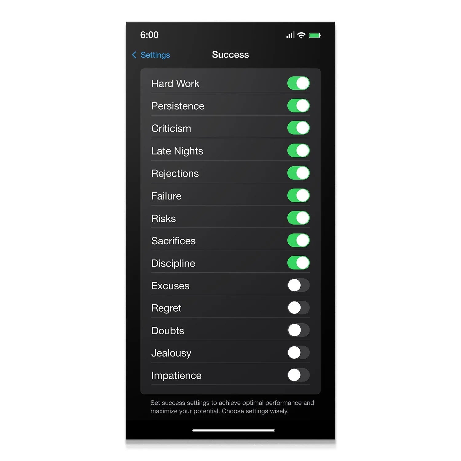 Full vertical view of the smartphone interface displaying the complete list of 'Success Settings' toggles.