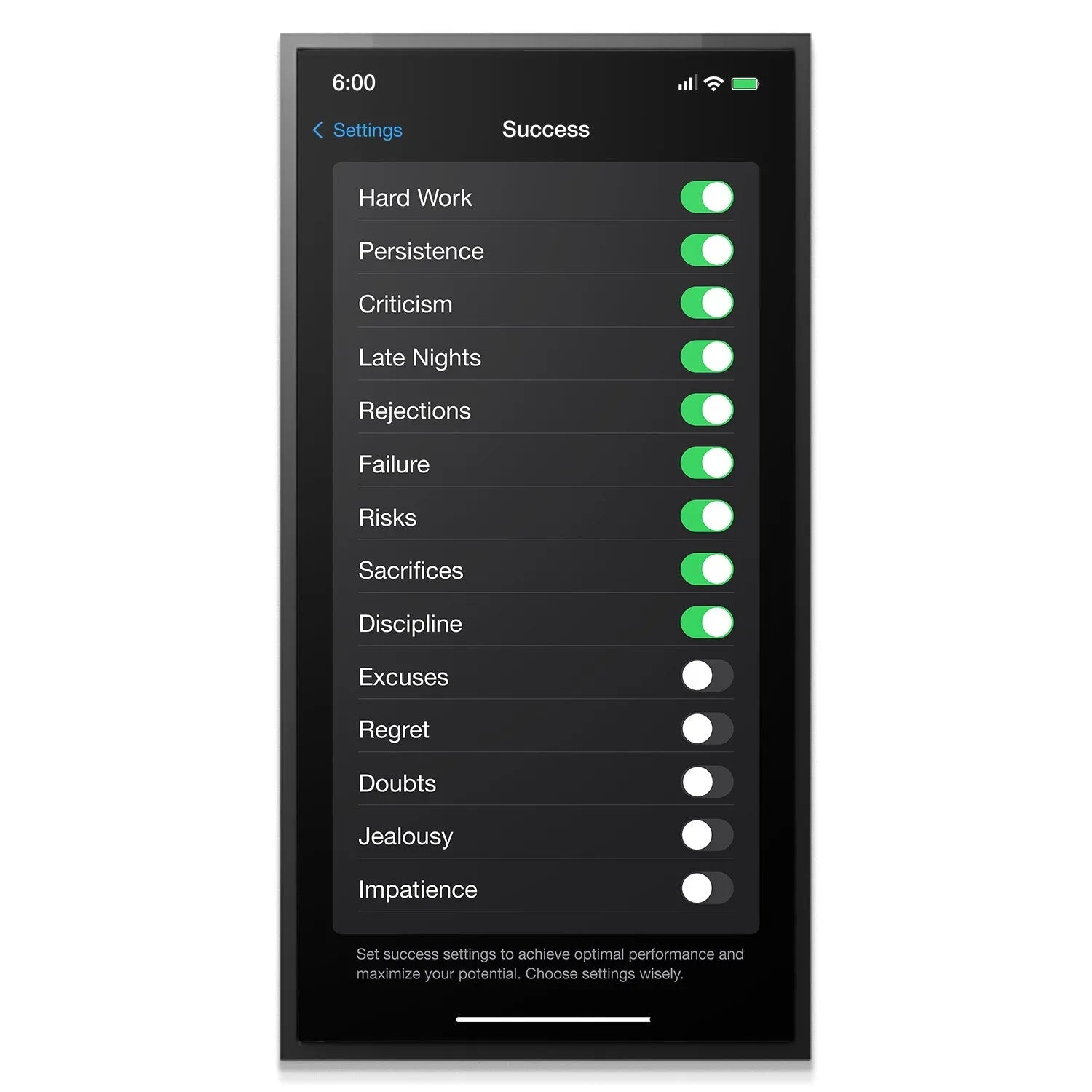 Close-up on the top green toggles showing 'Hard Work' and 'Persistence' activated within the 'Success Settings' list.