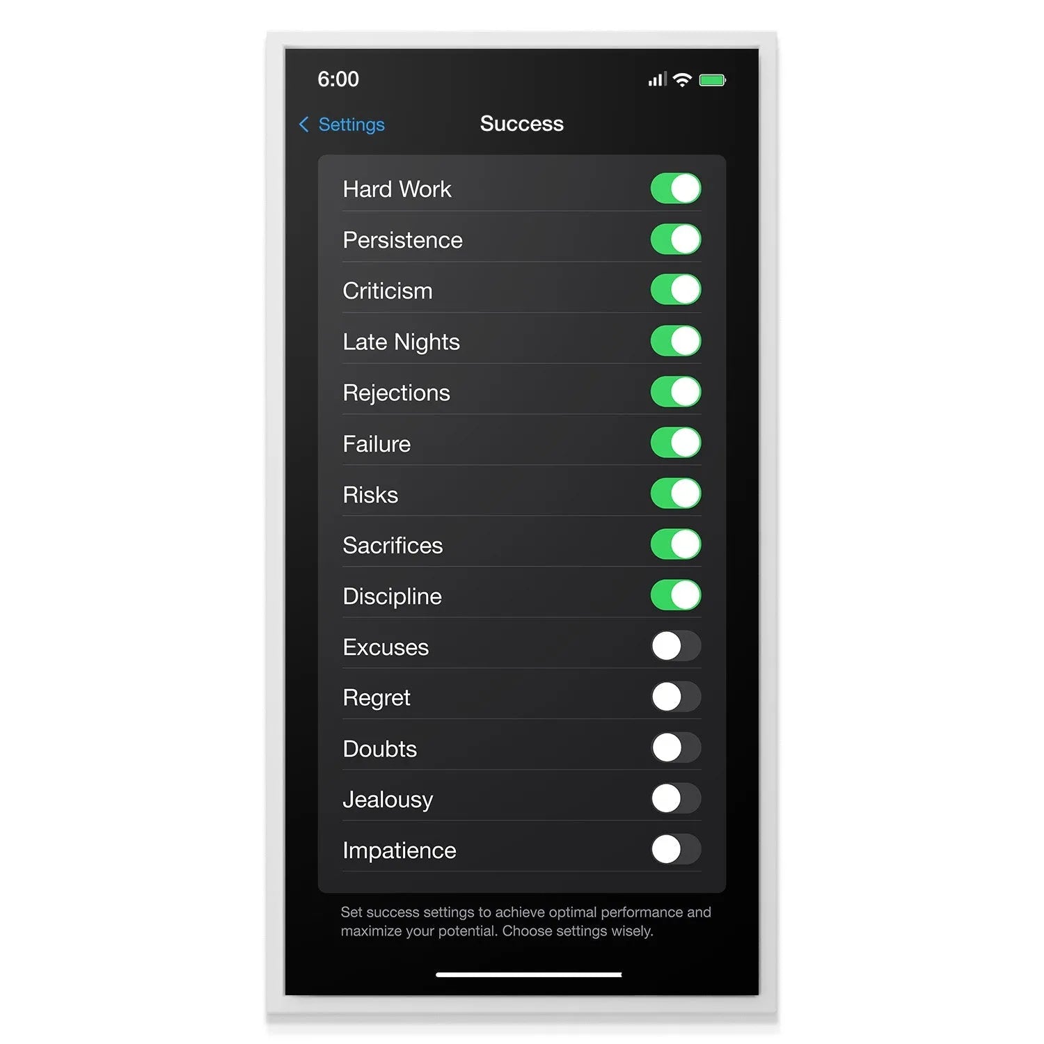 High-contrast digital rendering of the dark mode 'Success Settings' screen graphic against a stark white background.