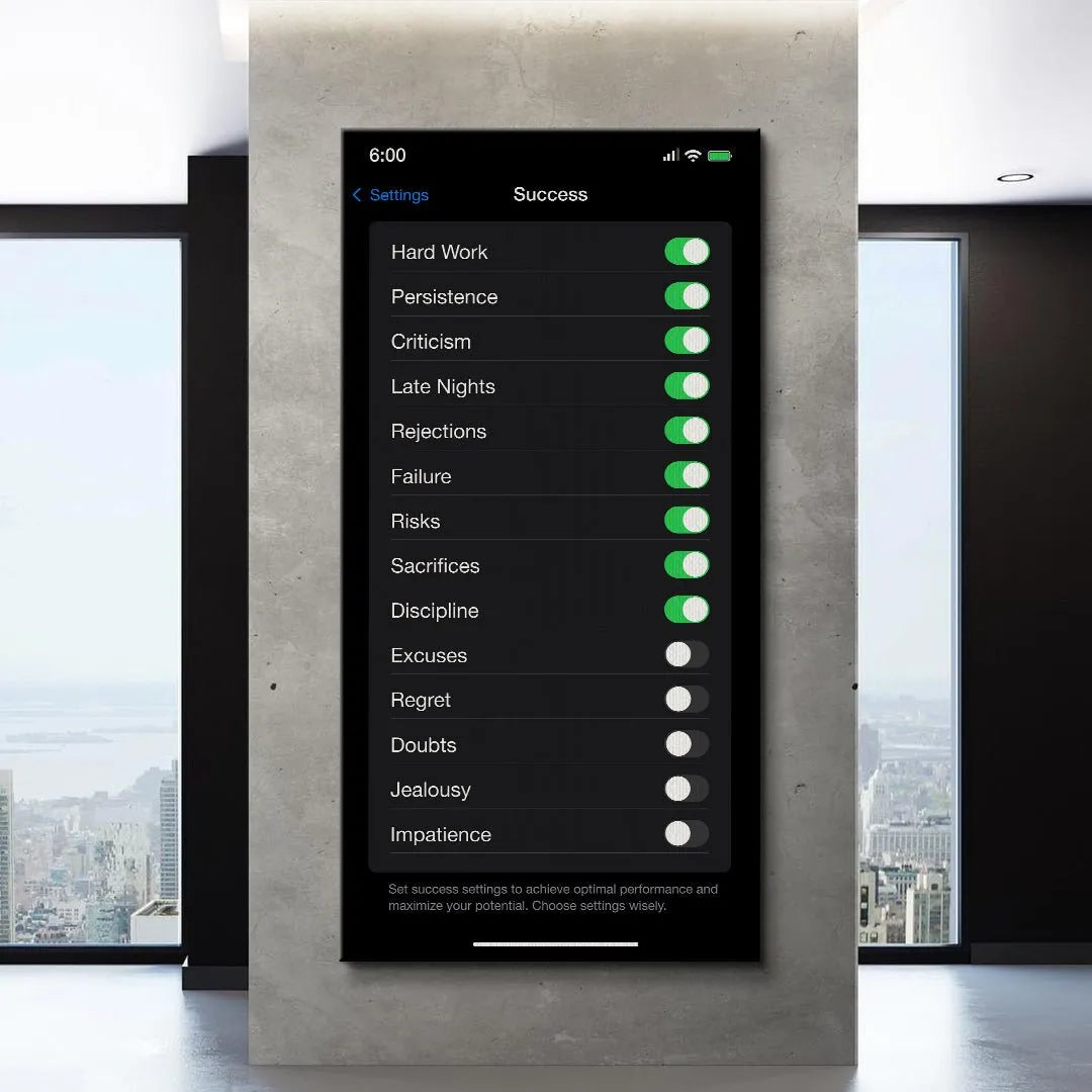 Detail shot focusing on the middle list items 'Rejections', 'Failure', and 'Risks' set to ON within the 'Success Settings' screen.