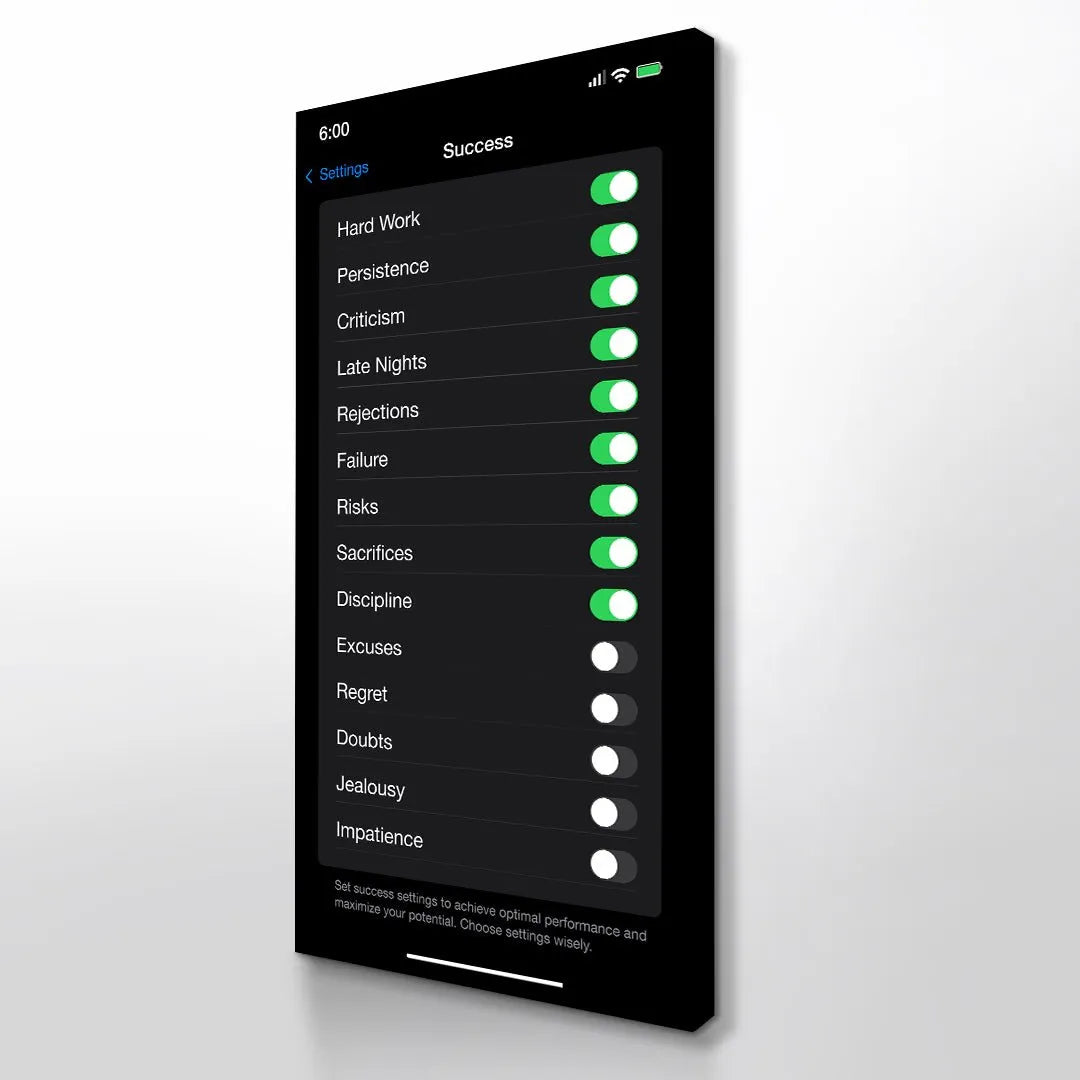 Conceptual angle of the phone screen displaying the motivational 'Success Settings' interface.
