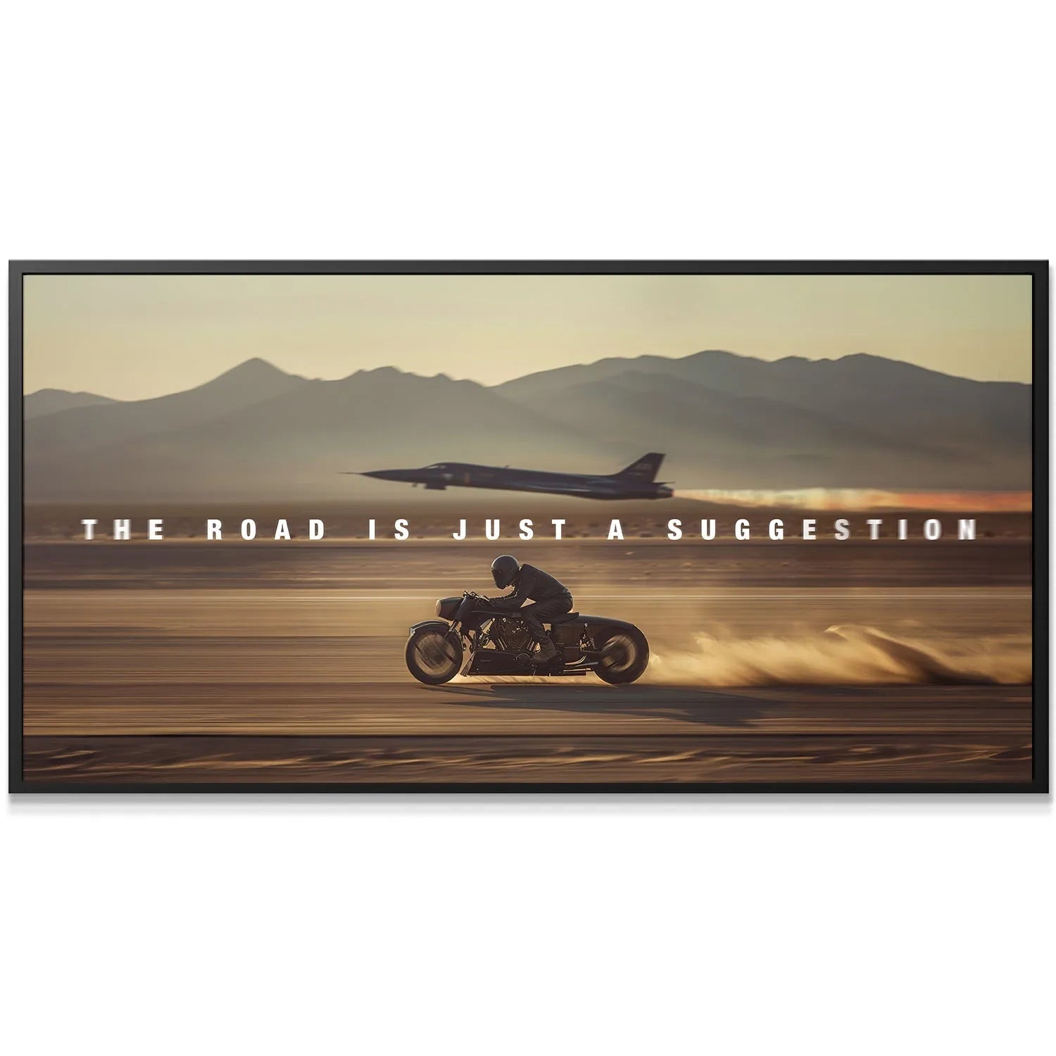 Close-up view of the vintage motorcycle kicking up golden dust clouds, underscoring the Suggestion theme.