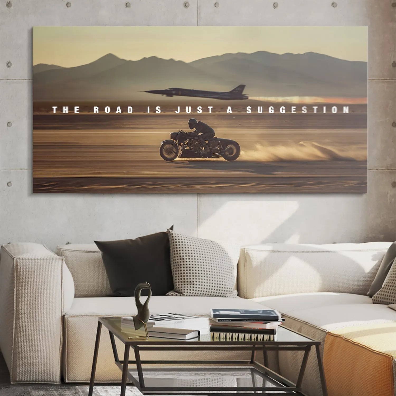 Dynamic side angle of the rider hunched over the cafe racer, embodying the spirit of breaking rules—it's only a Suggestion.