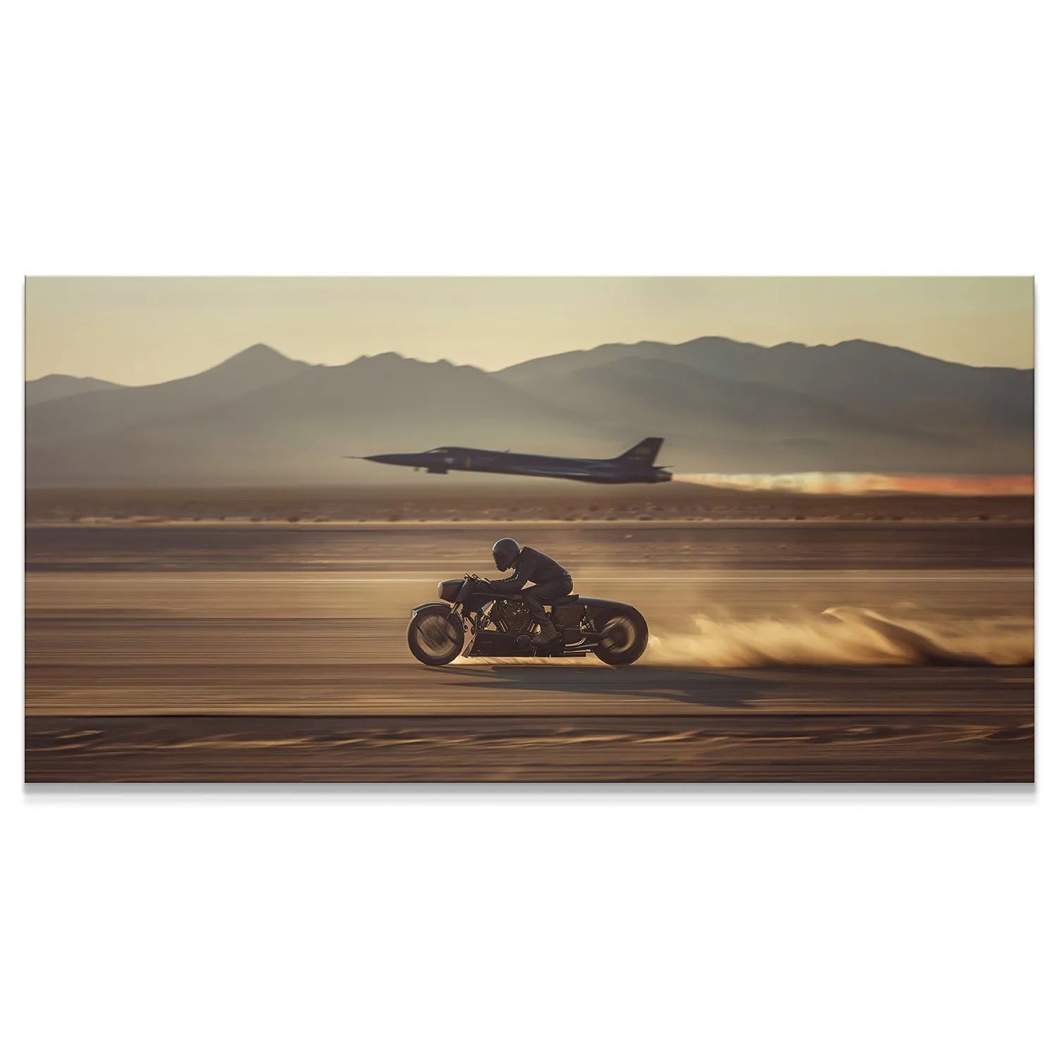 Motorcycle kicking up desert dust racing military jet, dynamic action shot (Suggestion - No Quote).