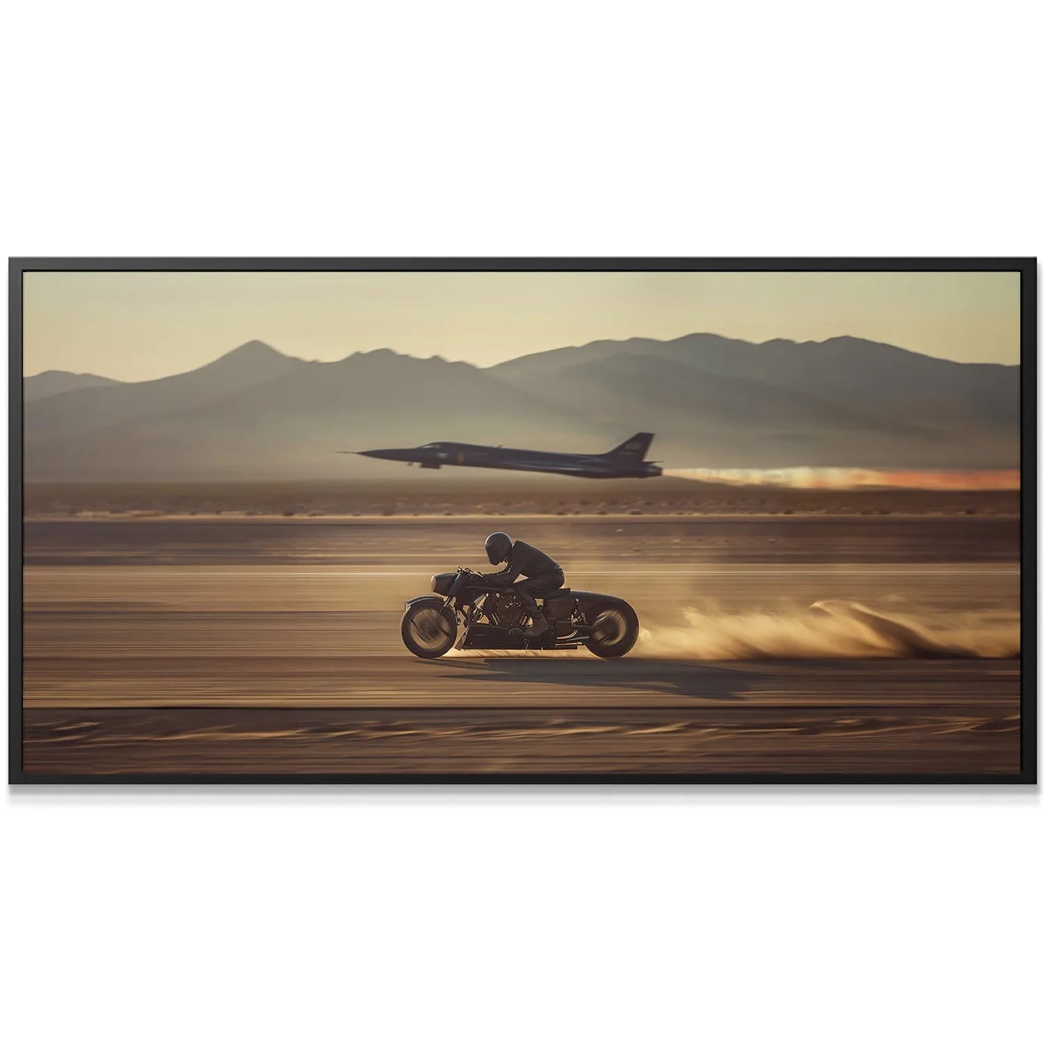 Close-up of the motorcyclist bent low over the bike on the salt flats, dramatic lighting (Suggestion - No Quote).