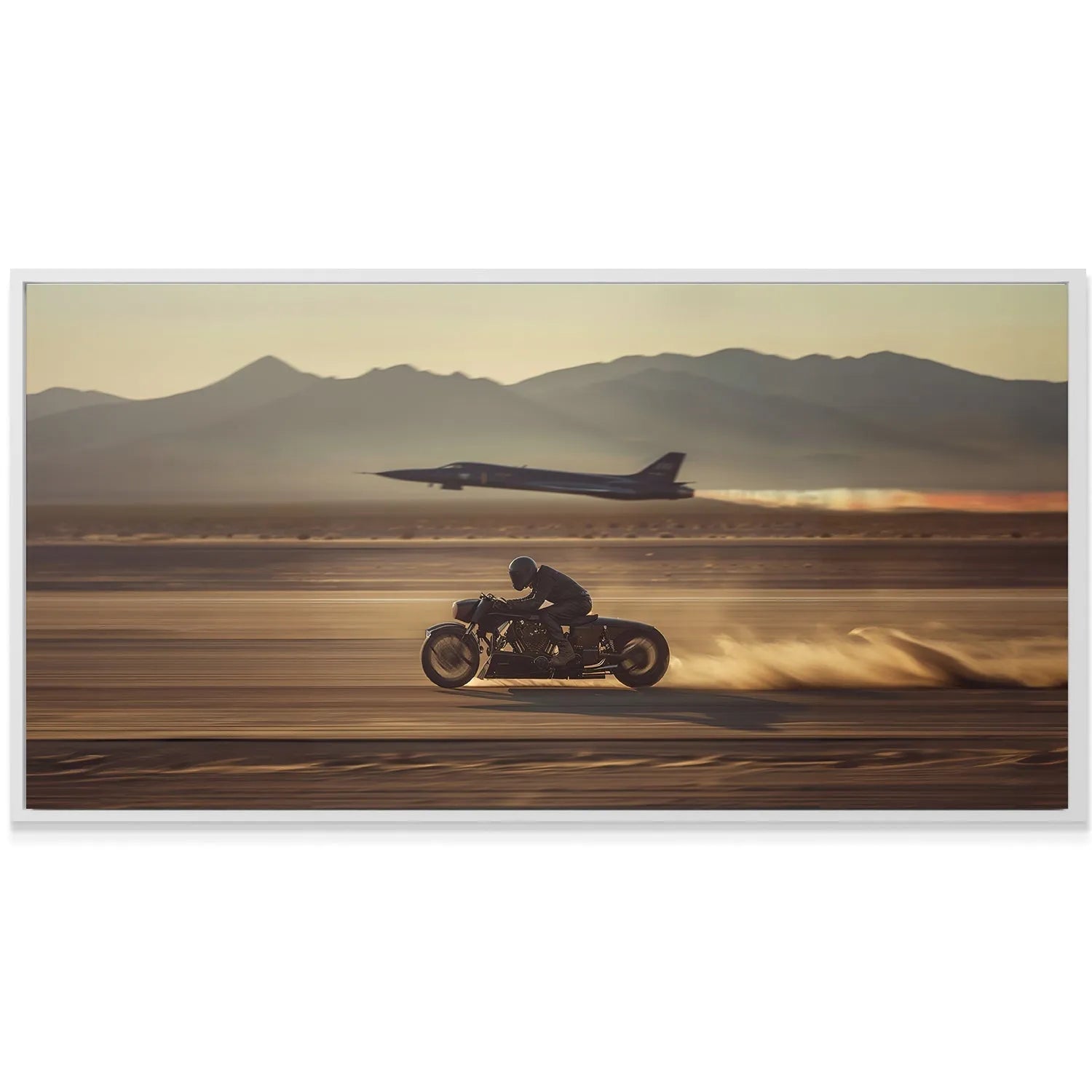 Wide-angle view of the dry lake bed landscape with mountains in the background, contrasting jet trail (Suggestion - No Quote).