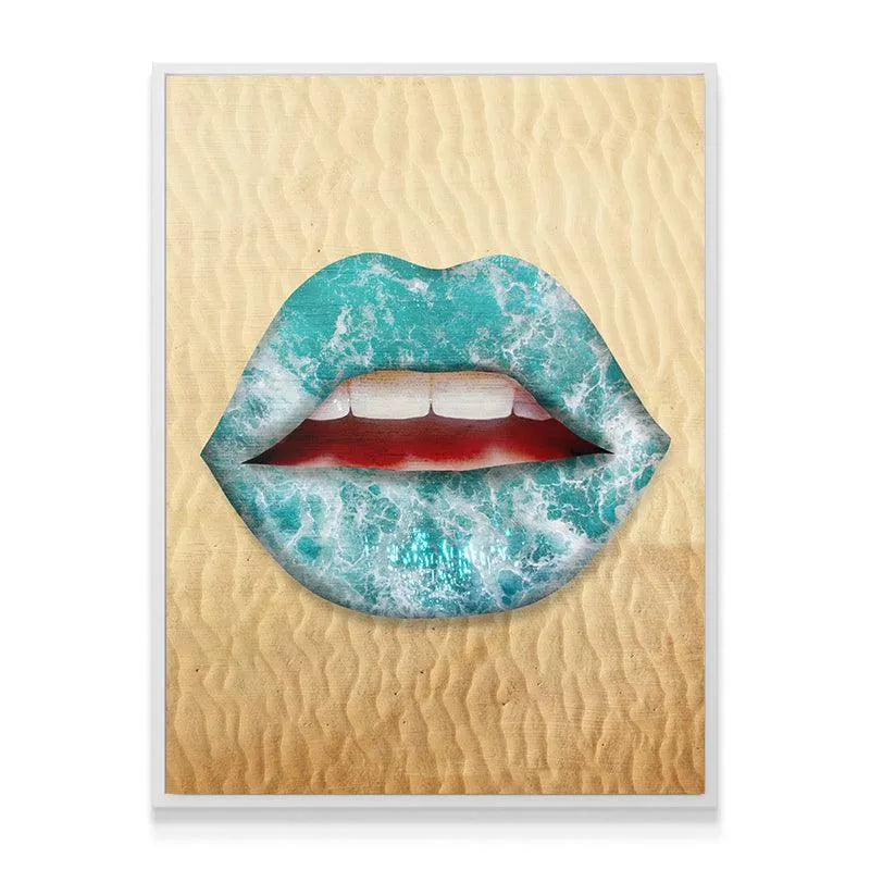 Lifestyle setting showing the 'Sun Kissed' art piece hanging above a modern sofa in a bright, beach-themed room.
