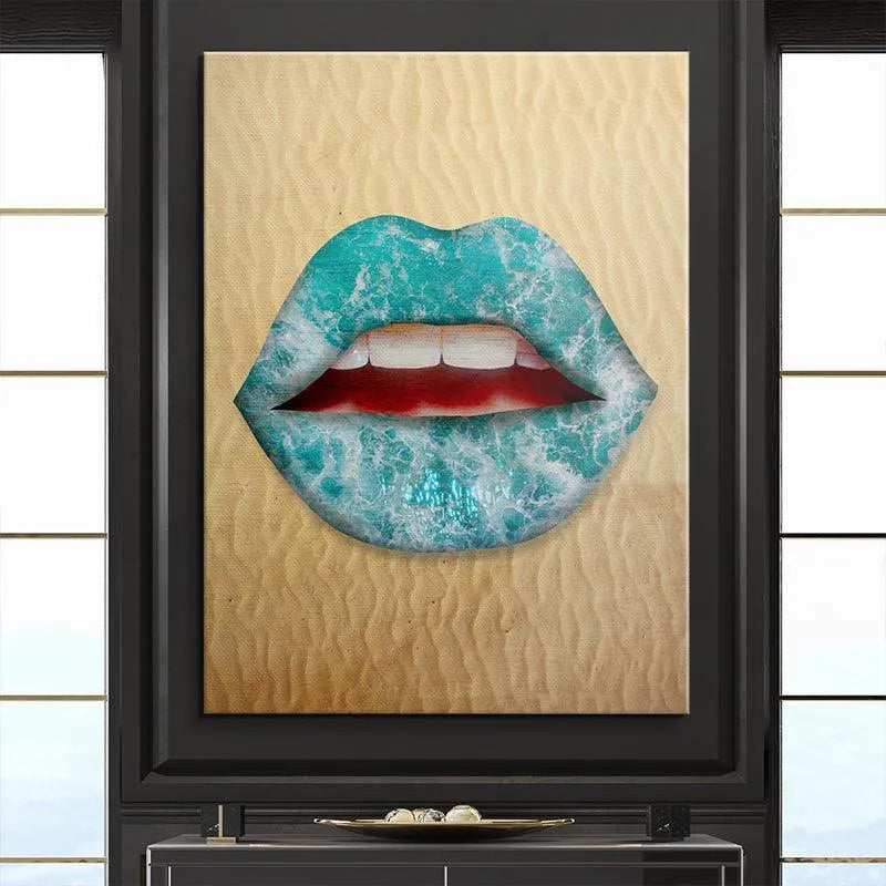 Detailed capture of the red interior of the mouth contrasted against the turquoise waves of the 'Sun Kissed' design.
