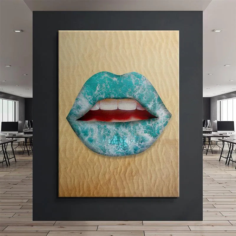 Angled shot emphasizing the depth and texture of the sandy background surrounding the 'Sun Kissed' lips canvas.