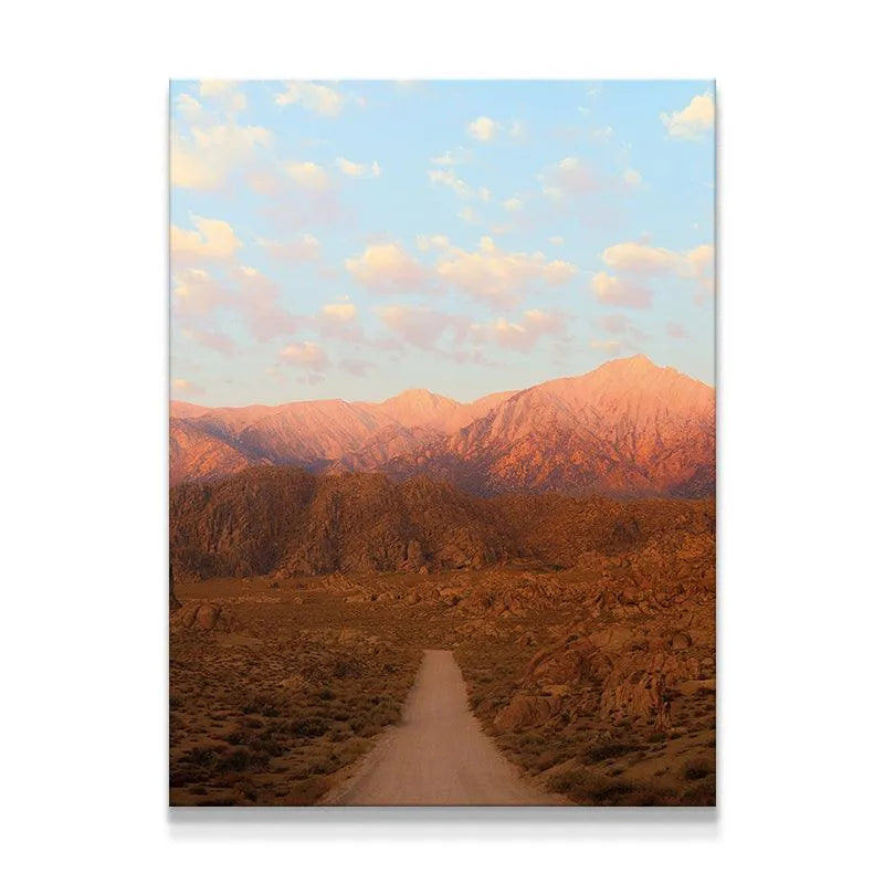 Full vertical shot of the dirt road leading toward the peaks at 'Sunrise In the Sierras'.