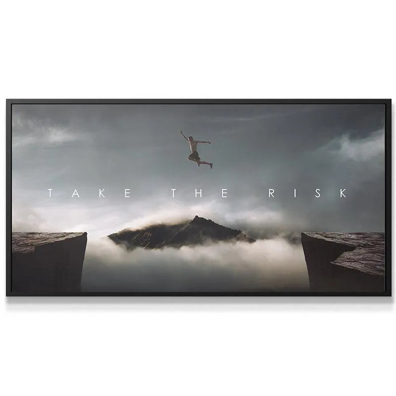 High-angle perspective showing the expansive fog and the distant mountain range behind the subject of 'Take The Risk (Jump)'.