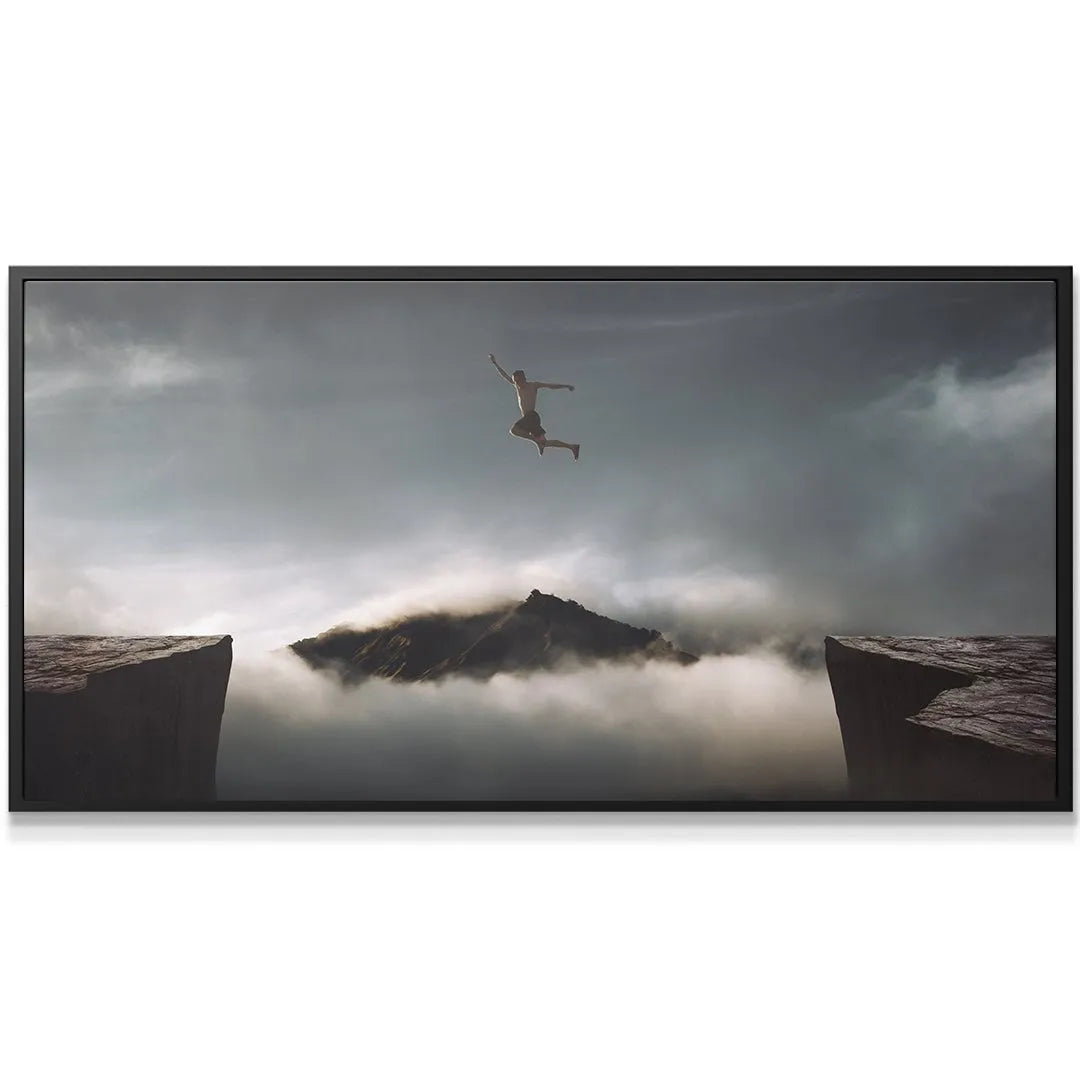Dramatic silhouette of the person suspended mid-air in the 'Take The Risk (Jump)' composition.