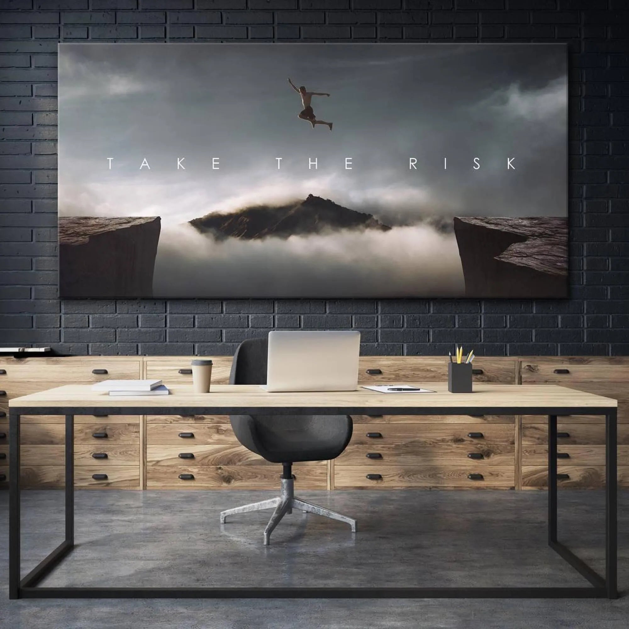 Conceptual art rendering of freedom and overcoming fear depicted by 'Take The Risk (Jump)'.