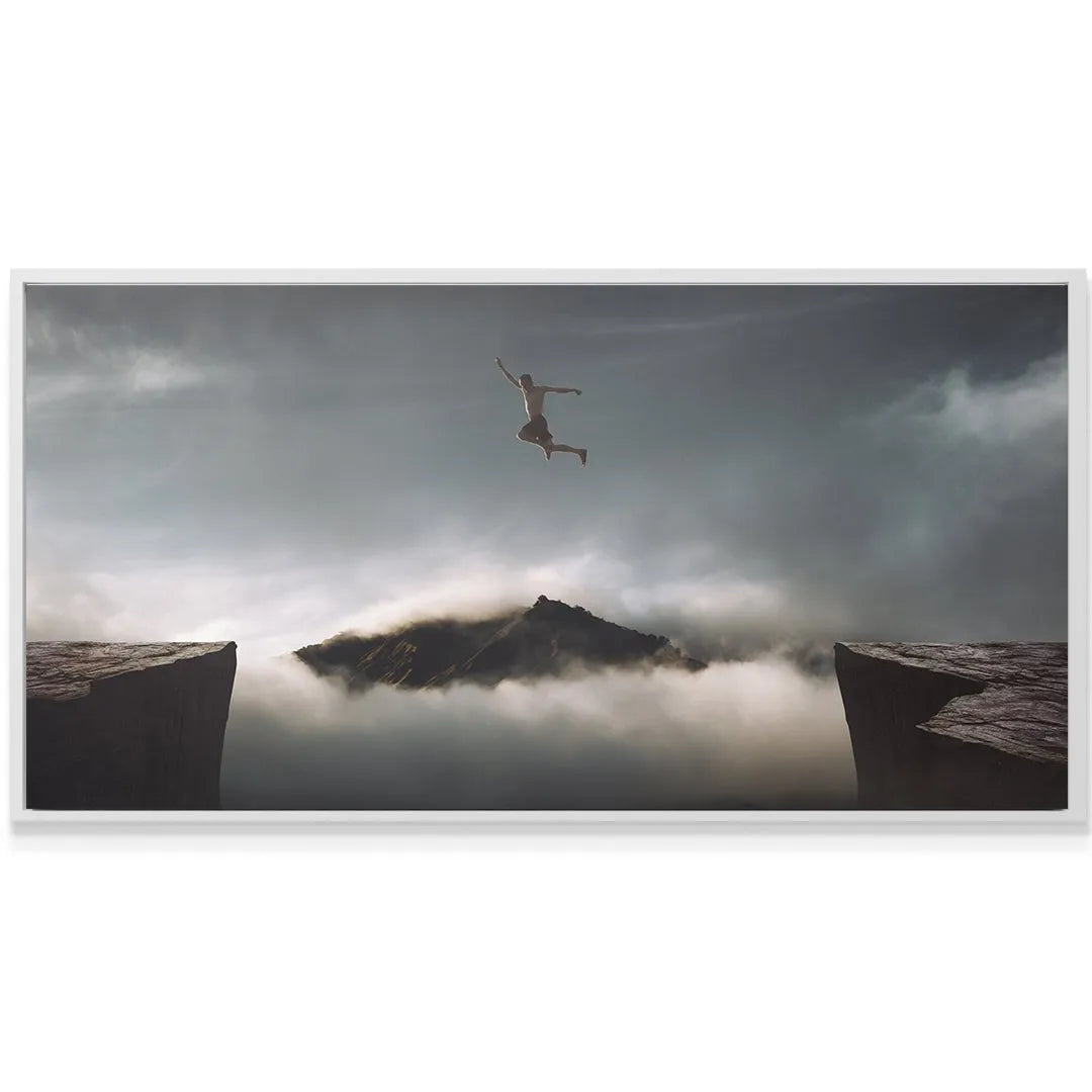 Low-angle perspective highlighting the immense drop and rugged cliff texture in 'Take The Risk (Jump No Quote)'.