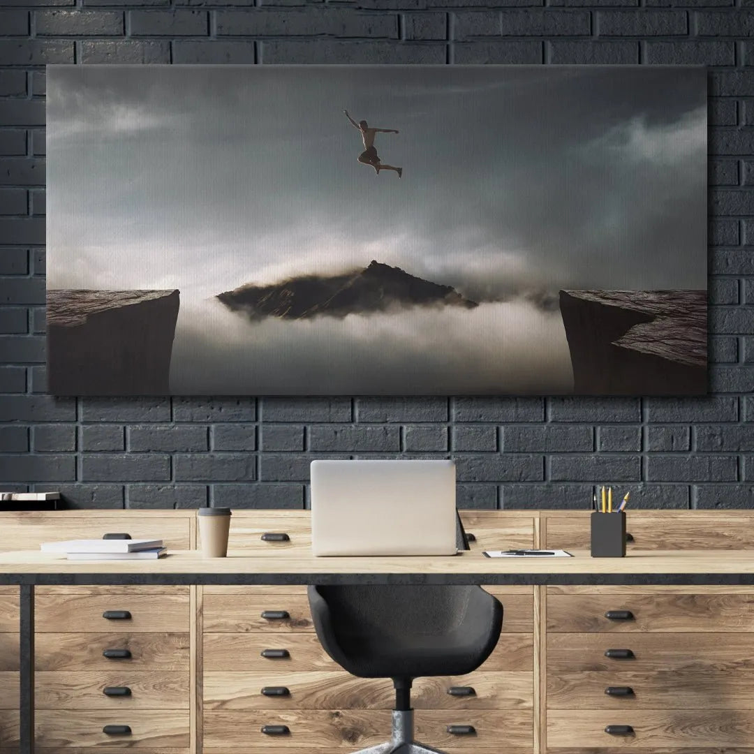 Dramatic composition showing the mountain peak shrouded in fog beneath the jumper, labeled 'Take The Risk (Jump No Quote)'.