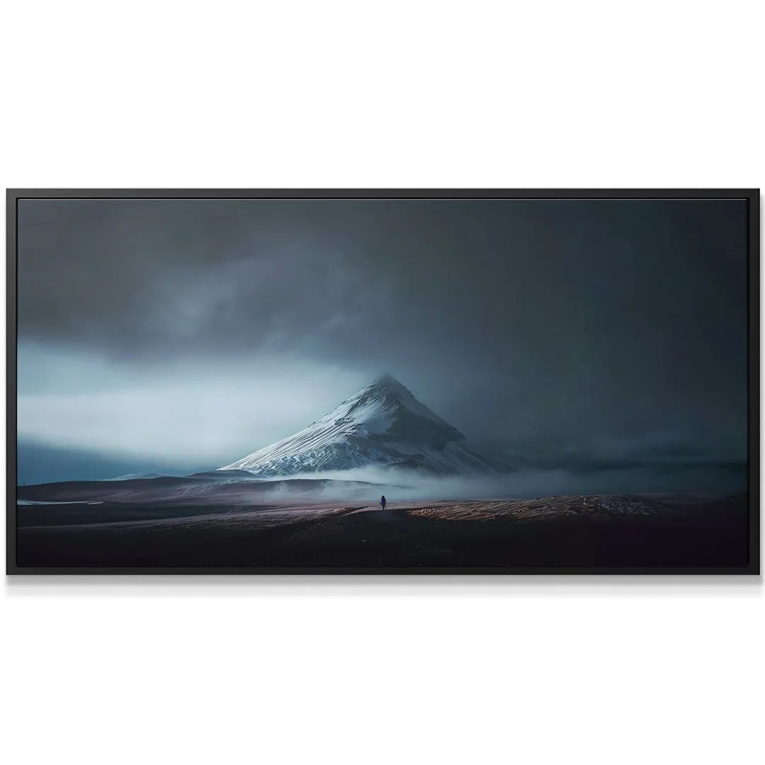 Lifestyle setting view of 'Take the Risk (Night)' framed above a minimalist desk setup