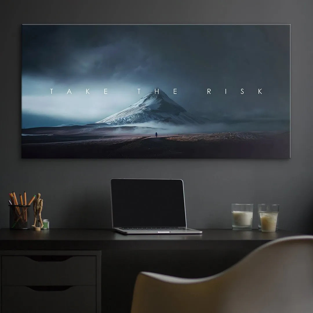 A low-angle perspective highlighting the size comparison between the hiker and the mountain in 'Take the Risk (Night)'