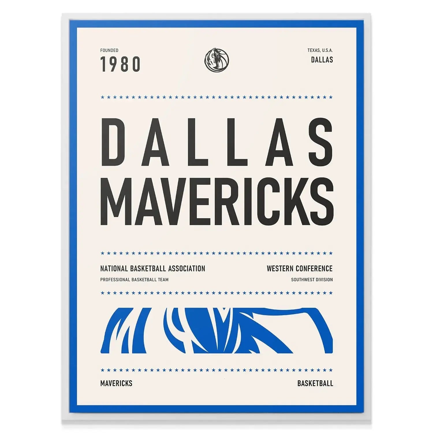 Lifestyle shot of the framed Team Poster - Mavericks hanging in a modern, sports-themed living room setting.