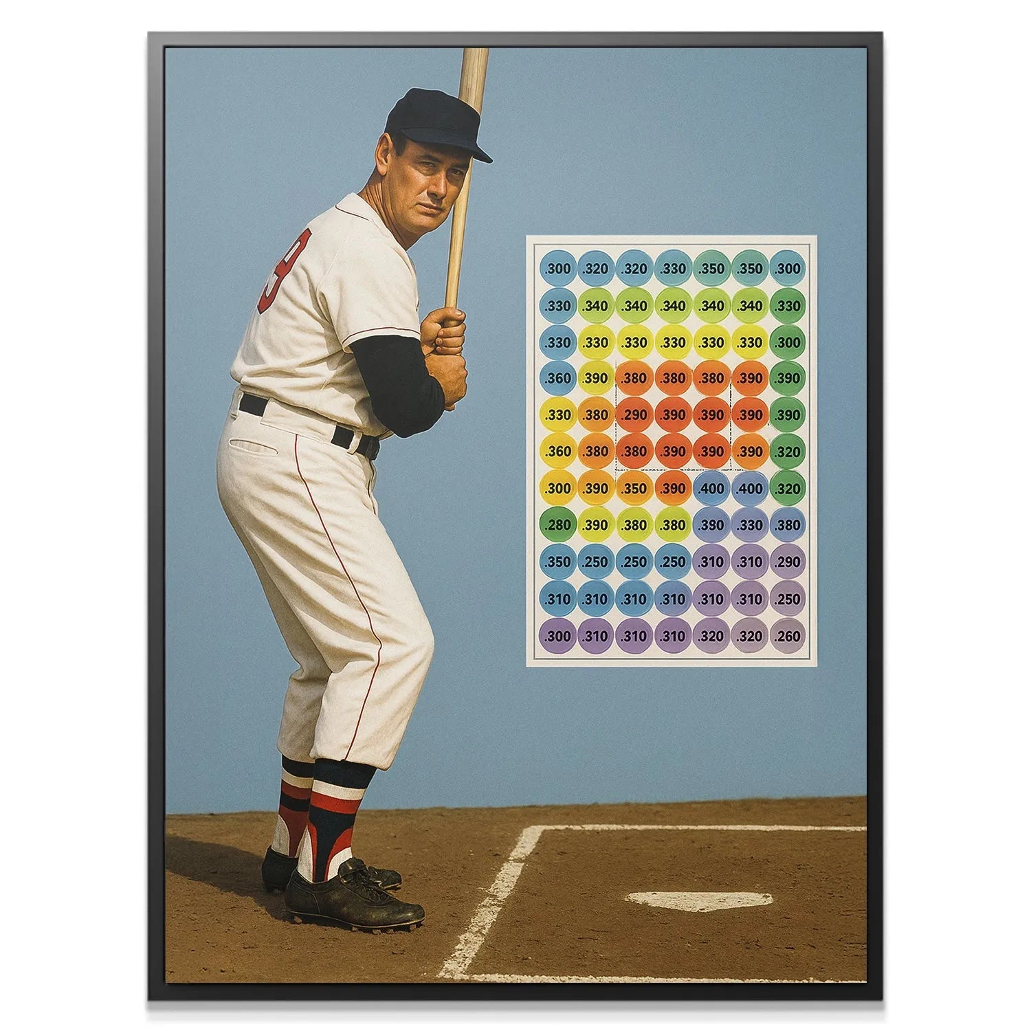Close-up portrait of Ted Williams' intense gaze while holding the wooden baseball bat.