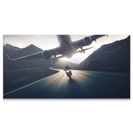 Wide view of the dramatic confrontation between the speeding biker and the descending jet, titled 'Tell Me I Can't - No Quote'.