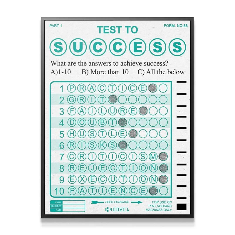 Close-up detail showcasing the subtle paper texture and teal ink design of the 'Test To Success' print.