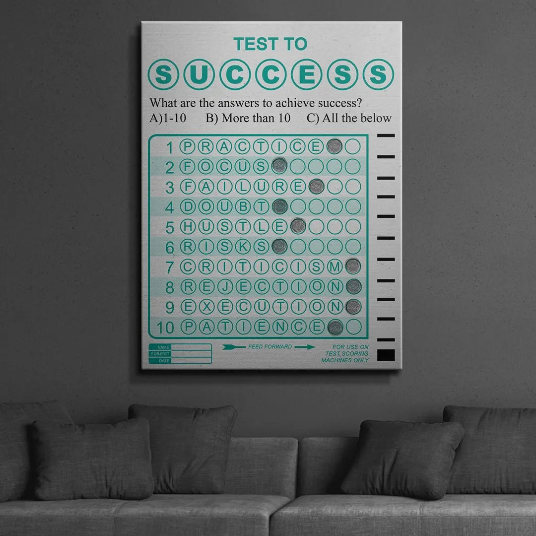 Lifestyle photo of the framed 'Test To Success' art hanging above a modern desk setup in an office.