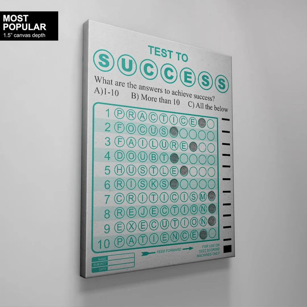 A corner detail of the print showing the 'FEED FORWARD' text and the barcode section of the 'Test To Success' artwork.