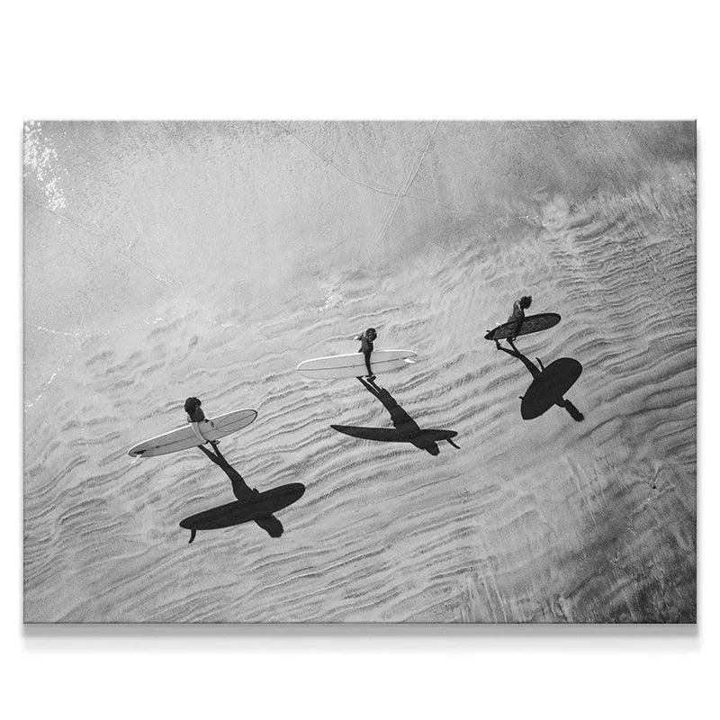 High-angle black and white photo showing surfers and dramatic shadow reflections, titled Textured Waves.