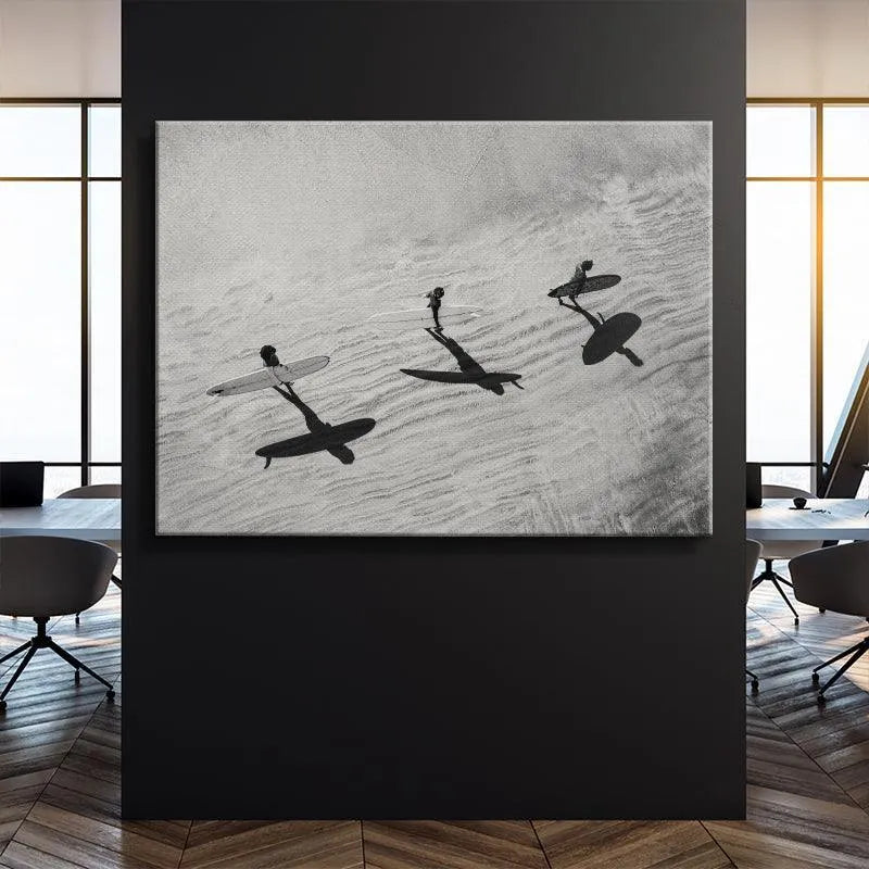 Close-up on the stark contrast between the white surfboards and dark shadows in the print Textured Waves.