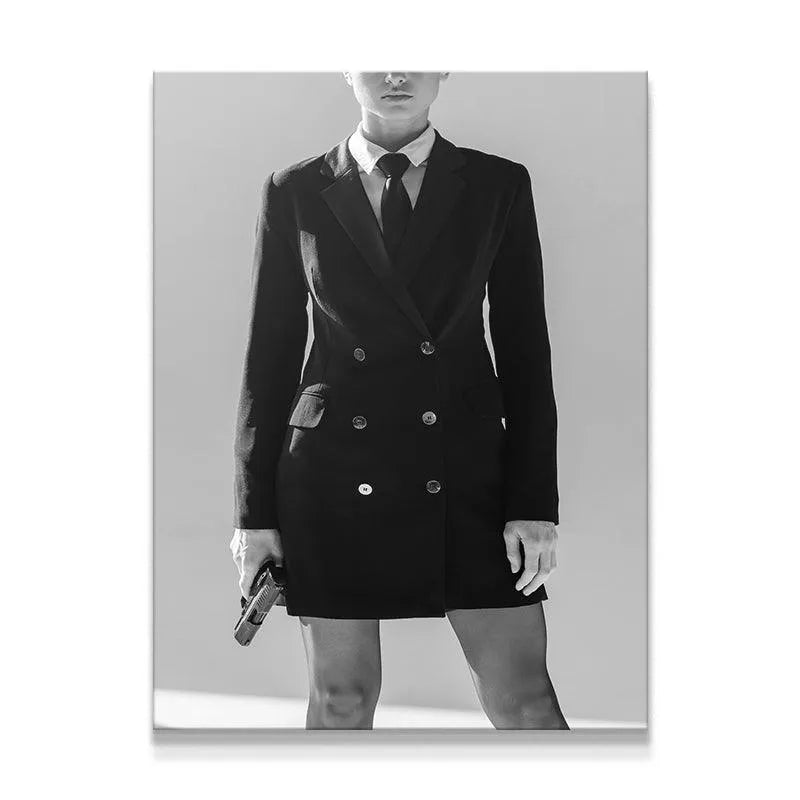 Full-body black and white canvas art titled 'The Academy' featuring a woman in a suit dress holding a pistol.