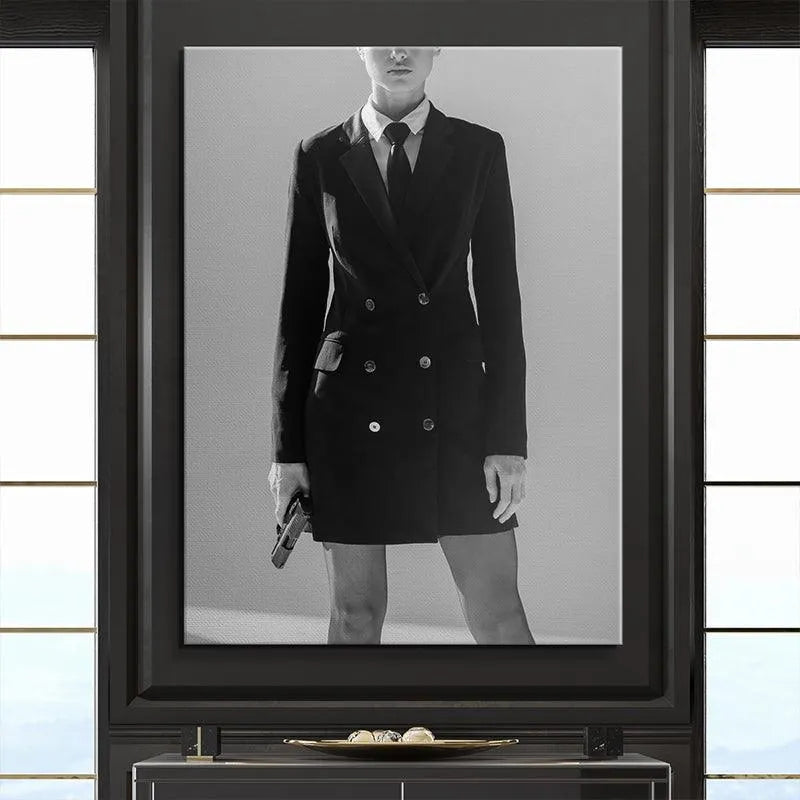 Monochromatic lifestyle rendering of 'The Academy' hanging dramatically in a contemporary, minimalist office space.