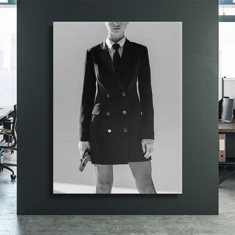 Texture detail showing the high contrast between the white shirt collar and black jacket in the print, 'The Academy'.