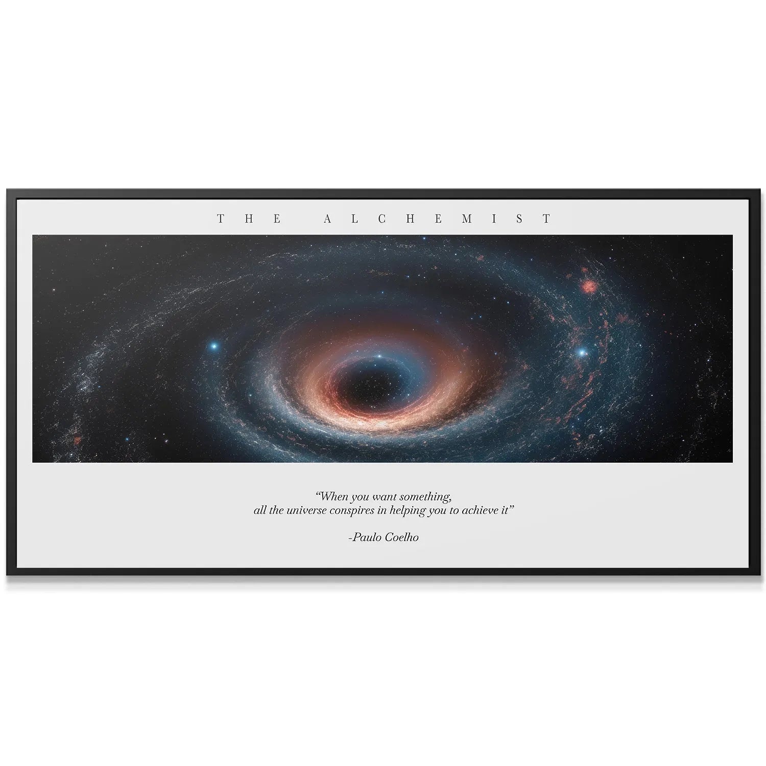 Lifestyle shot of The Alchemist Universe panoramic canvas hanging above a minimalist office desk.