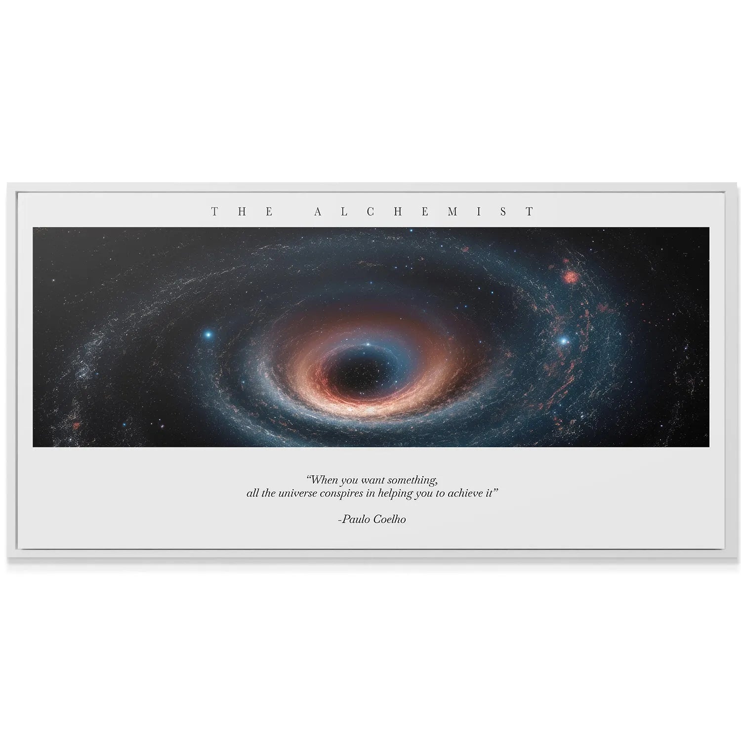 Wide-angle view showcasing the dark starry background contrasting with the bright quote on The Alchemist Universe poster.