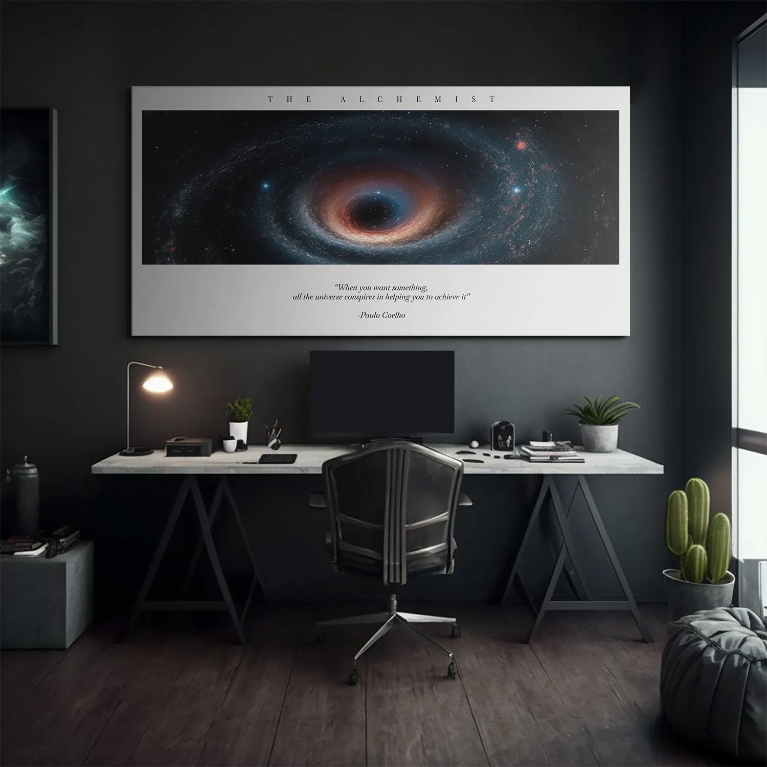 Corner view highlighting the crisp white border surrounding The Alchemist Universe artwork.