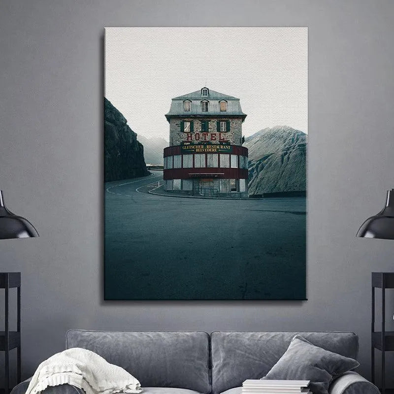 Atmospheric vertical print of The Belvedere with cool, cinematic desaturated colors.