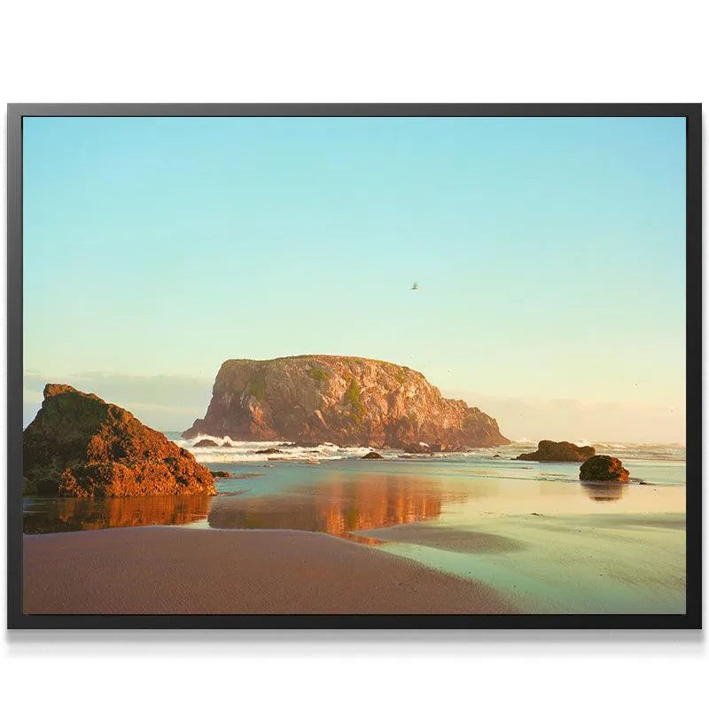 Detailed close-up of the wet sand reflecting the golden light of the sunset, enhancing the atmosphere of 'The Bird from Bandon' artwork.