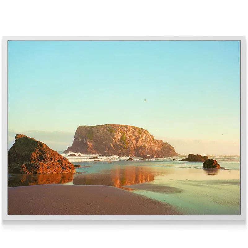 Low angle perspective highlighting the contrast between the dark foreground rocks and the pale, clear sky in 'The Bird from Bandon' photograph.