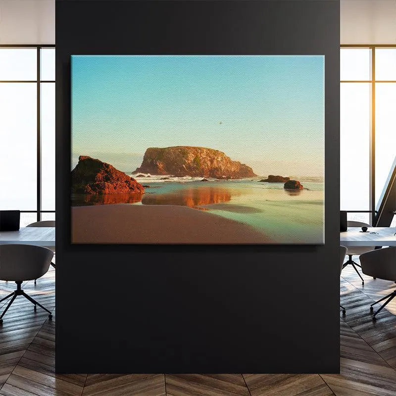 Textured view of the large, rugged, moss-covered main sea stack dominating the composition of 'The Bird from Bandon' coastal print.